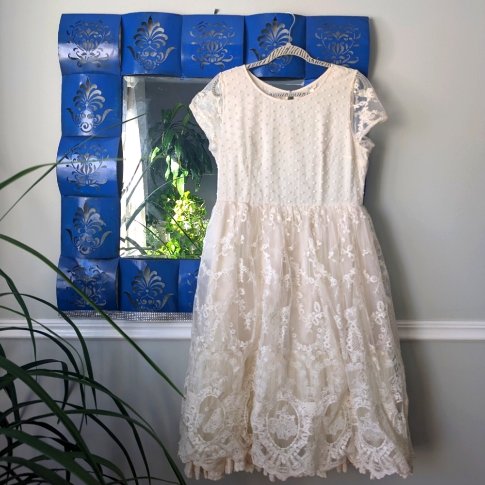 Geode x Anthropologie Floral Lace Swiss Dot Short Sleeve Midi Wedding Dress